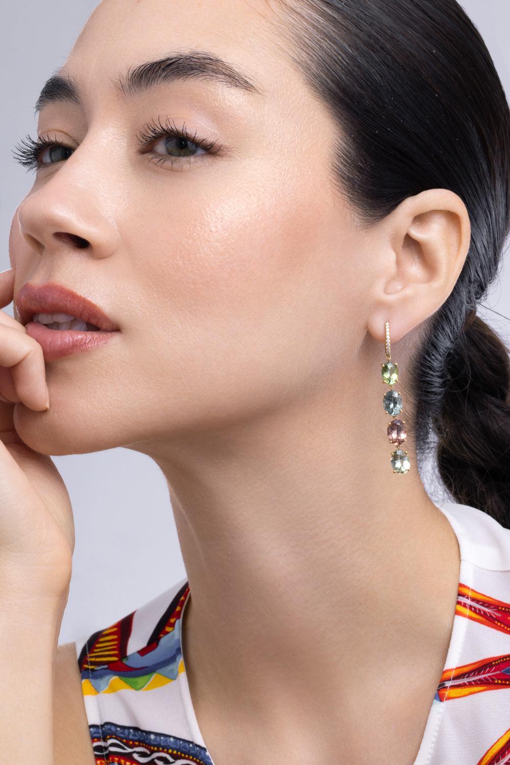Tourmaline Diamond Asymmetric Collection Earrings-YELLOW GOLD-JEWELRYFINE JEWELEARRING-LISA NIK