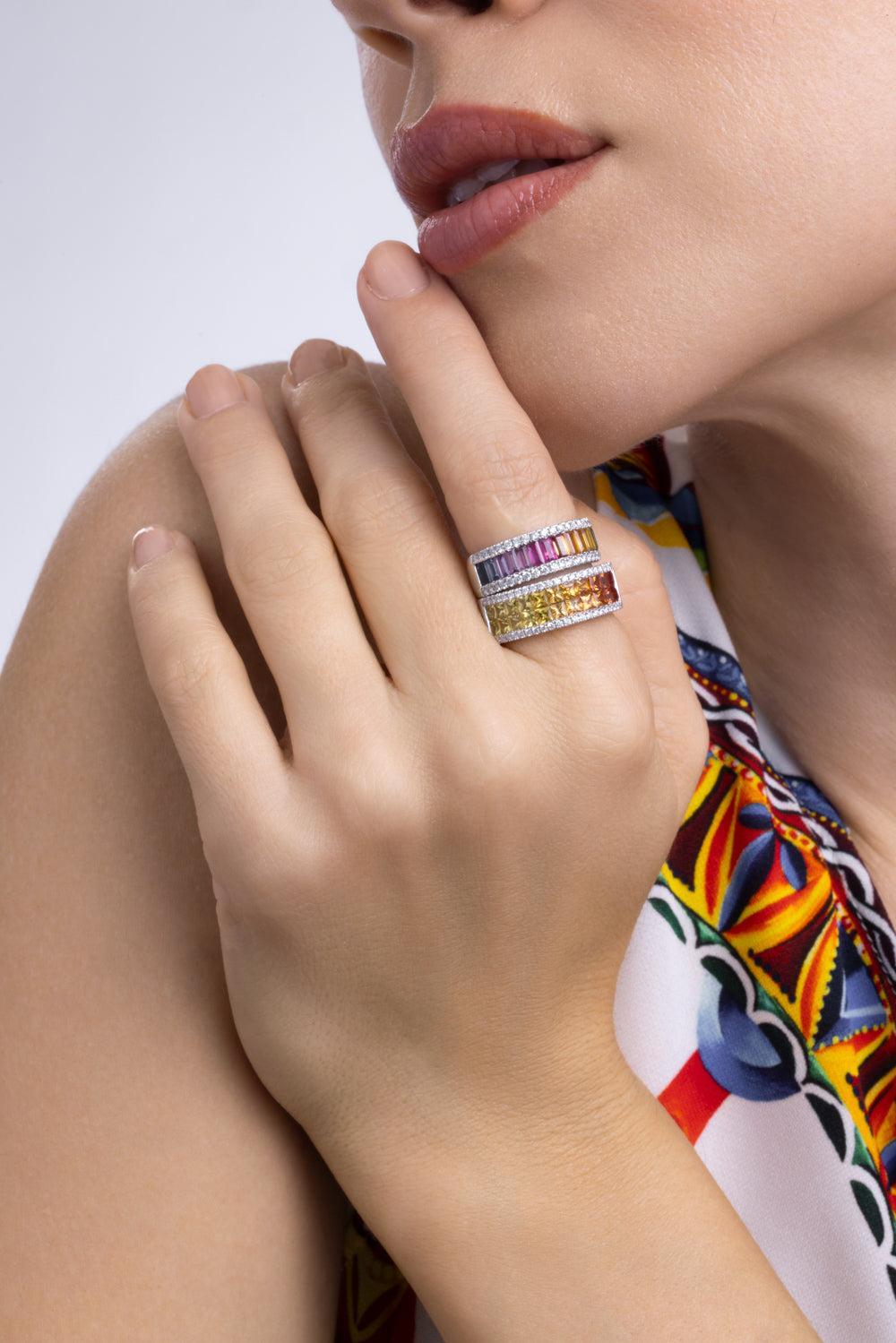 Rainbow Sapphire Diamond Band Ring-WHITE GOLD-5.5-JEWELRYFINE JEWELRING-LISA NIK