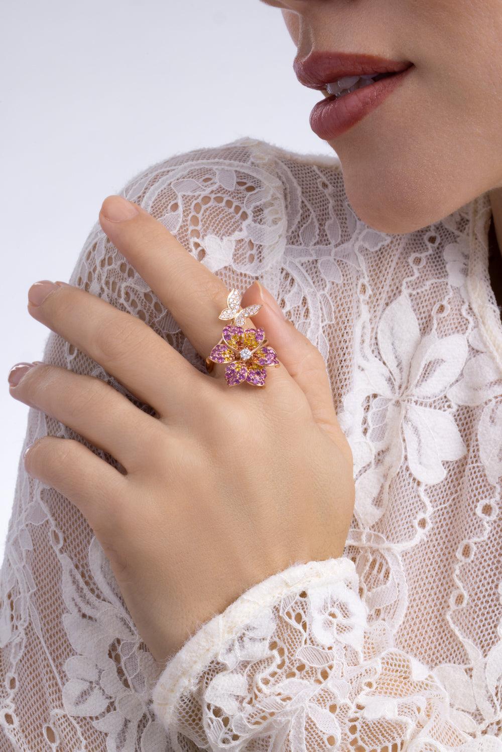 Yellow Pink Sapphire Diamond Butterfly Ring-ROSE GOLD-5.75-JEWELRYFINE JEWELRING-LISA NIK