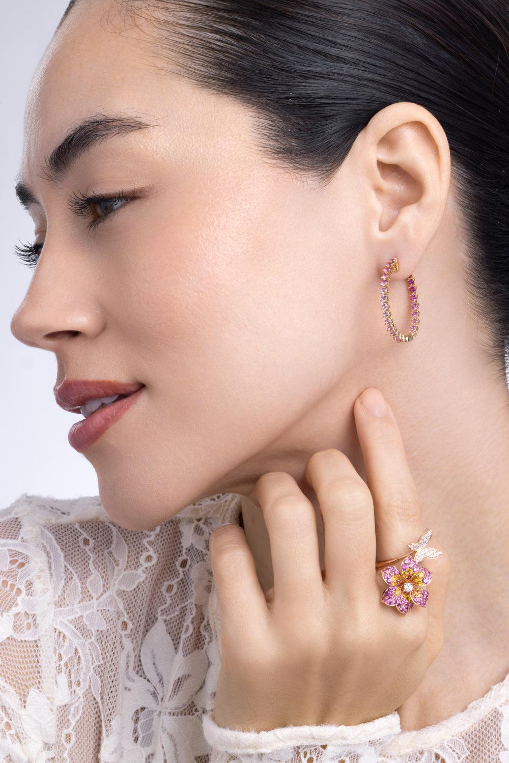 Pink Sapphire Rainbow Collection Hoop Earrings-YELLOW GOLD-JEWELRYFINE JEWELEARRING-LISA NIK