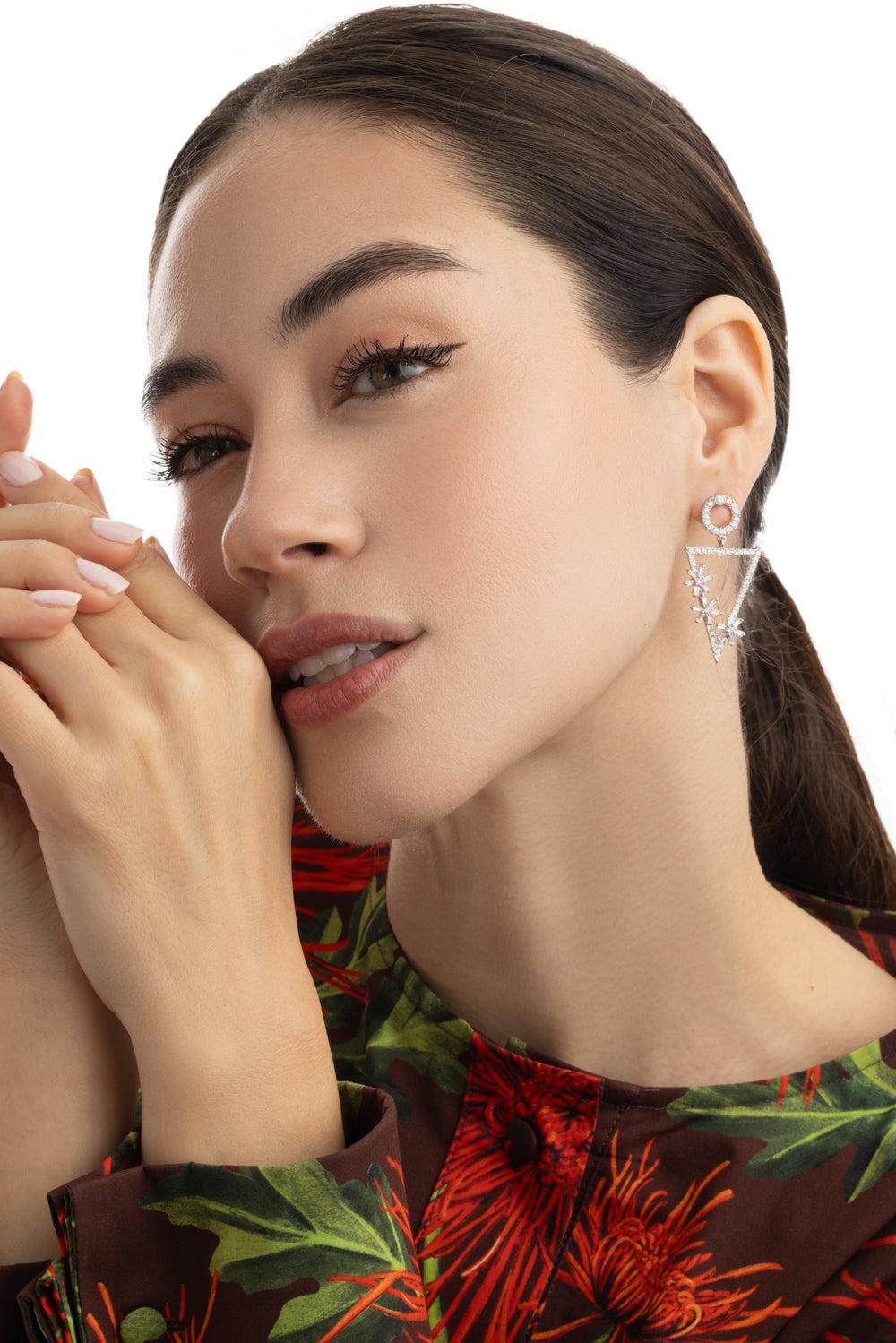Diamond Triangle Drop Flower Earrings-WHITE GOLD-JEWELRYFINE JEWELEARRING-ALEXANDER LAUT