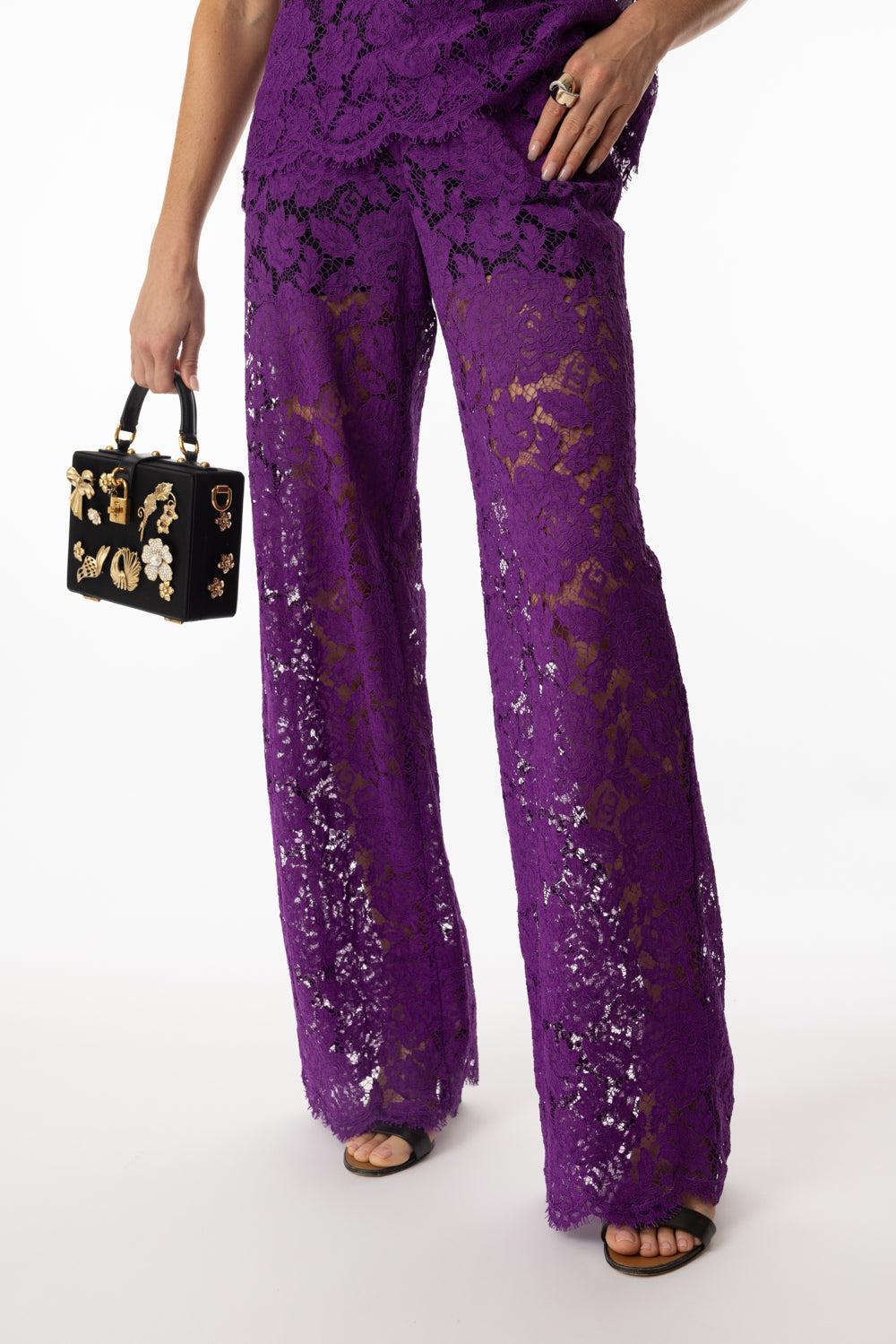 Flare Floral Logo Lace Pants-VIOLA-42-CLOTHINGPANTWIDE LEG-DOLCE & GABBANA