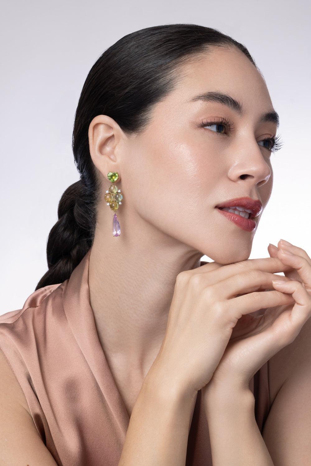 Tourmaline Kunzite Diamond Gemmy Gem Earrings-YELLOW GOLD-JEWELRYFINE JEWELEARRING-IRENE NEUWIRTH JEWELRY