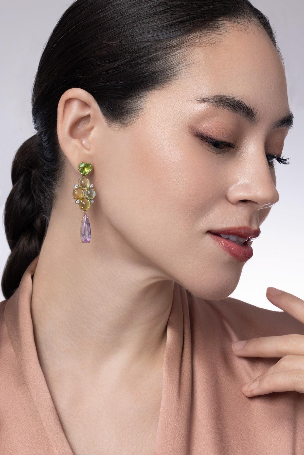 Tourmaline Kunzite Diamond Gemmy Gem Earrings-YELLOW GOLD-JEWELRYFINE JEWELEARRING-IRENE NEUWIRTH JEWELRY