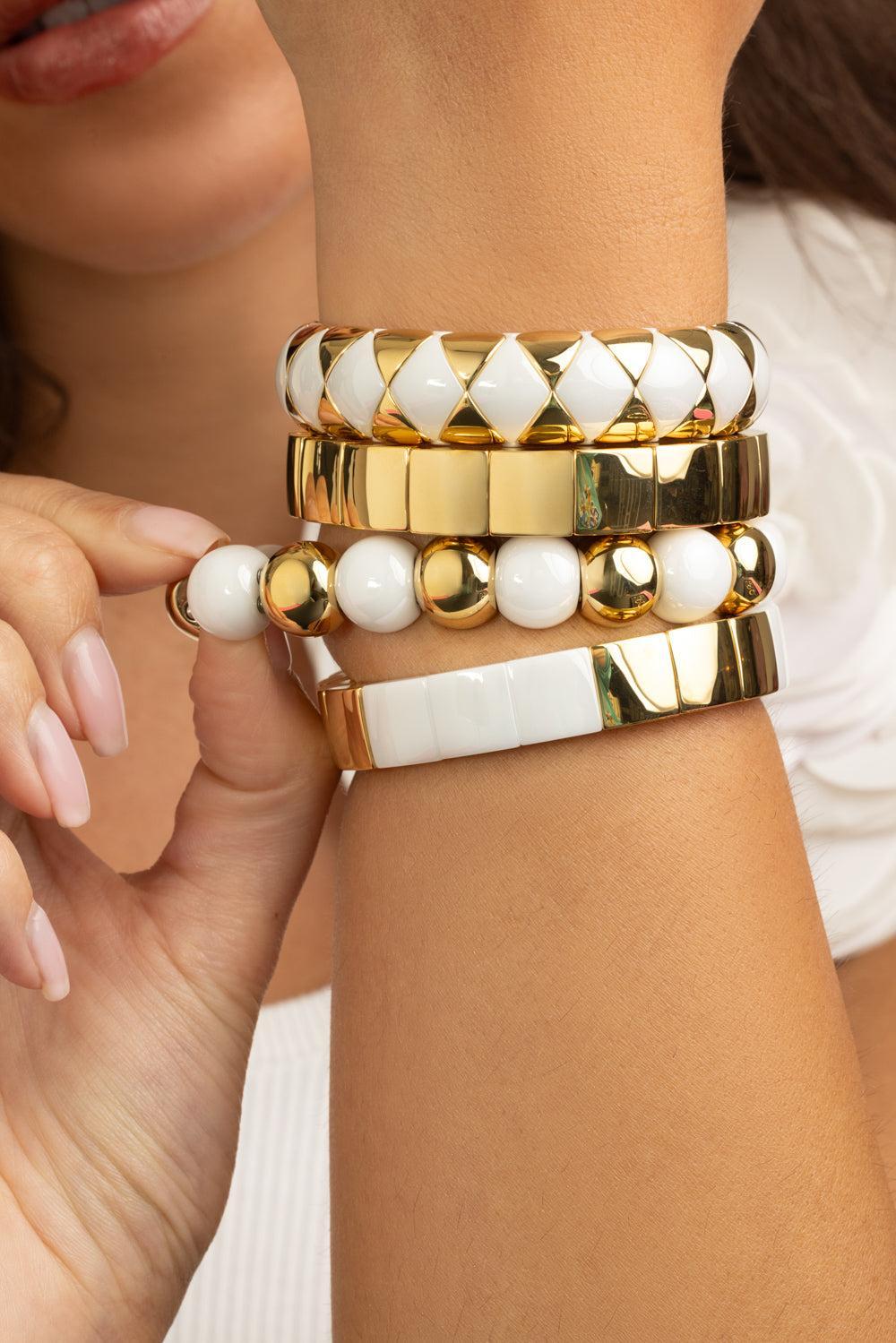 Small Aura White Ceramic Dama Stretch Bracelet-YELLOW GOLD-JEWELRYFINE JEWELBRACELET O-ROBERTO DEMEGLIO