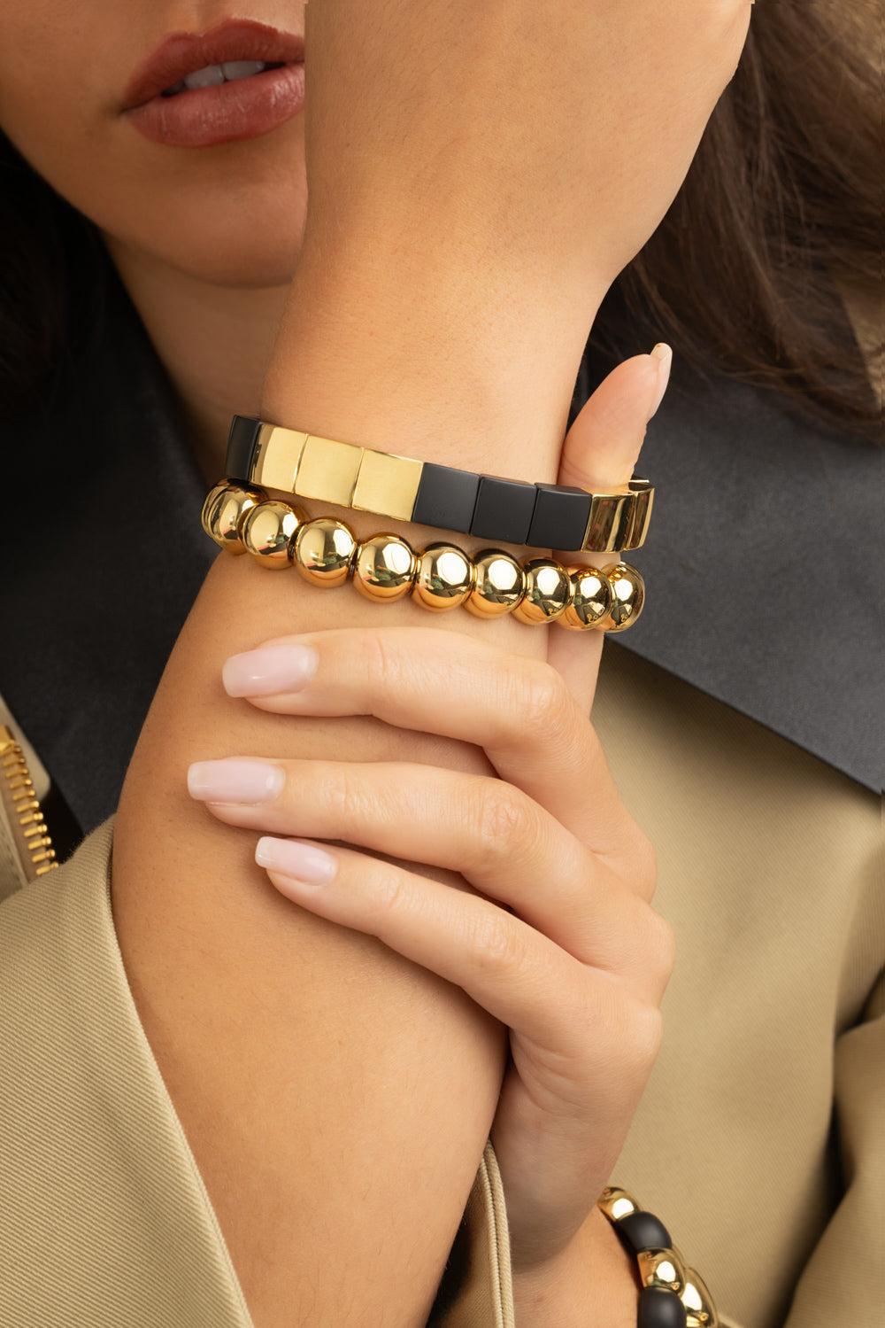 Nine Square Matte Black Stretch Bracelet-YELLOW GOLD-JEWELRYFINE JEWELBRACELET O-ROBERTO DEMEGLIO