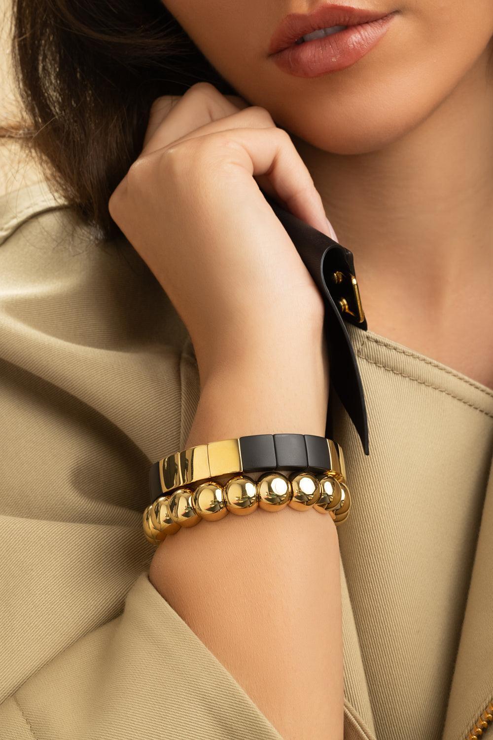 Nine Square Matte Black Stretch Bracelet-YELLOW GOLD-JEWELRYFINE JEWELBRACELET O-ROBERTO DEMEGLIO