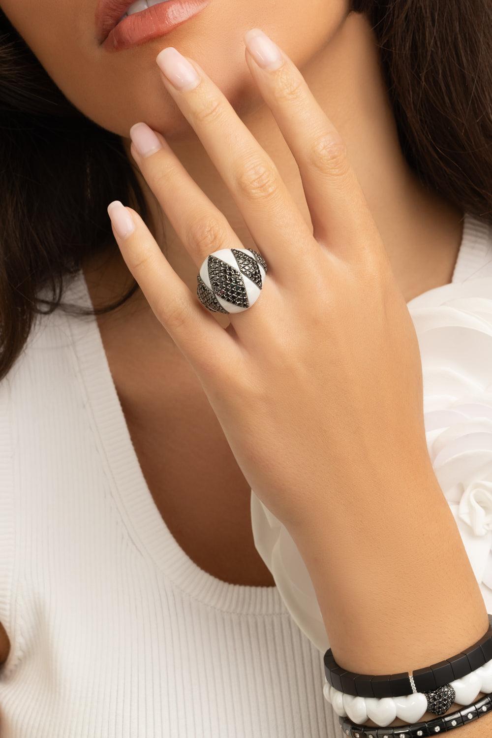 Five Black Diamond White Ring-WHITE GOLD-5-JEWELRYFINE JEWELRING-ROBERTO DEMEGLIO