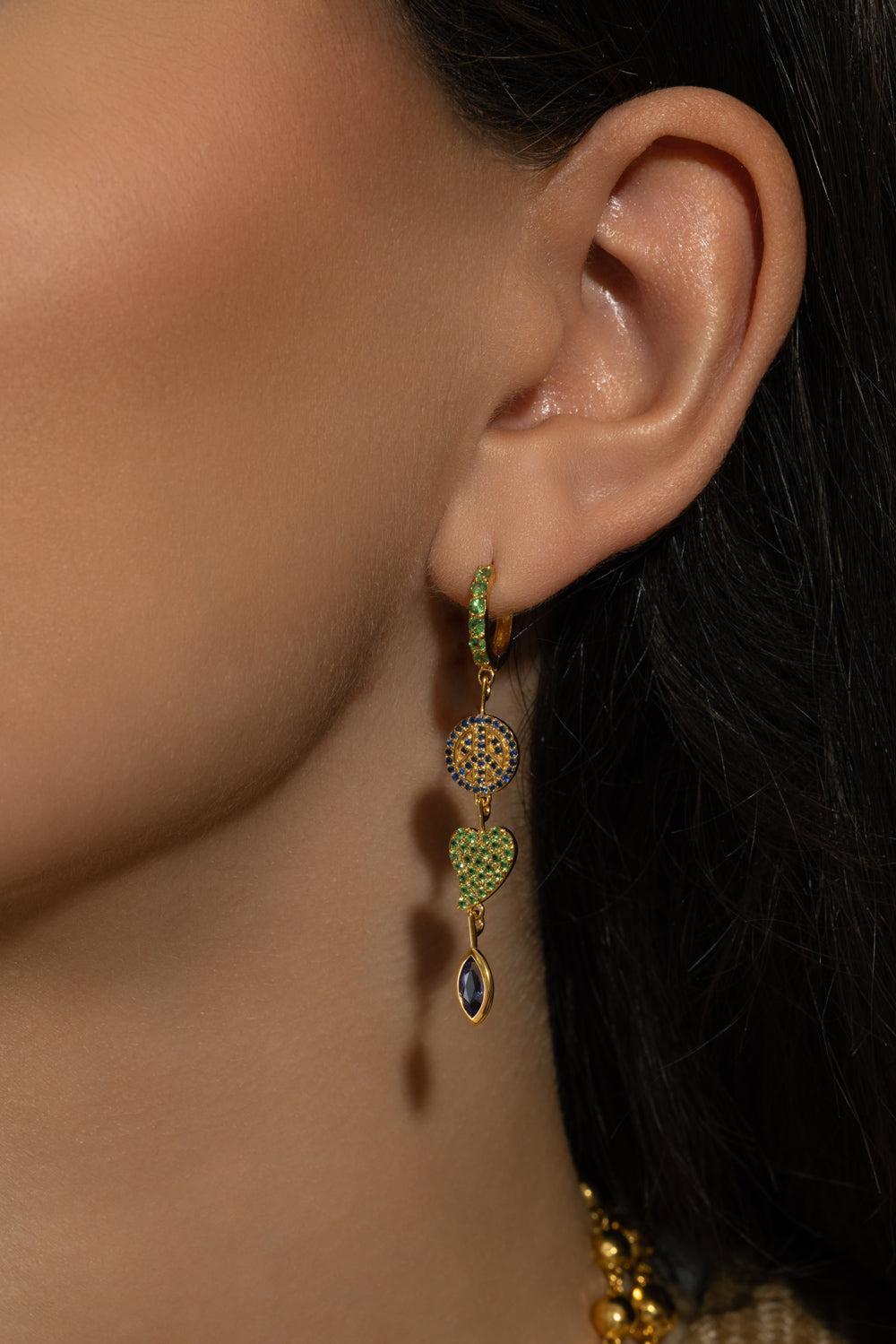 Tanzanite Peace And Love Drop Earrings-YELLOW GOLD-JEWELRYFINE JEWELEARRING-BUDDHA MAMA