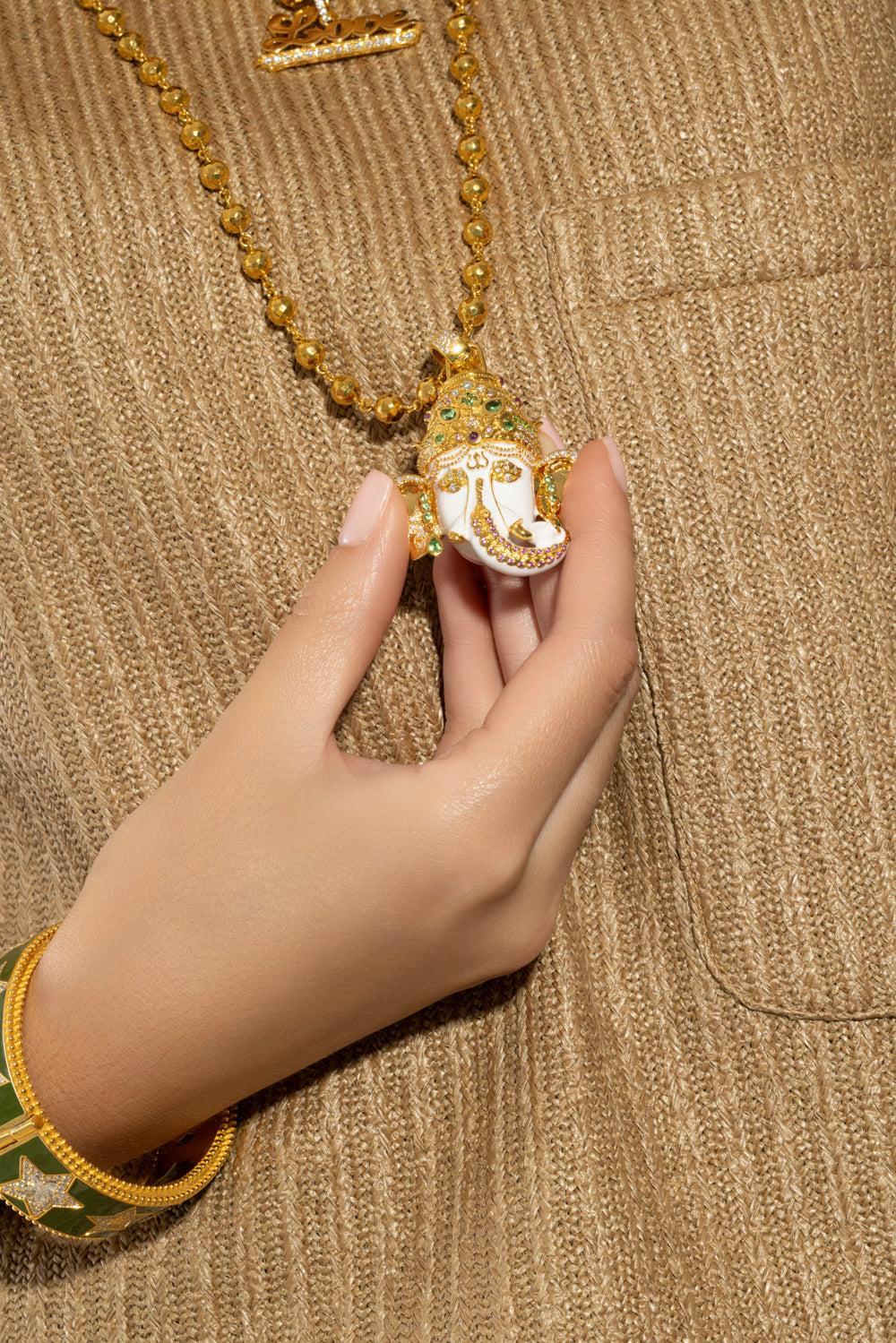White Large Ganesha Pendant-YELLOW GOLD-JEWELRYFINE JEWELPENDANT-BUDDHA MAMA