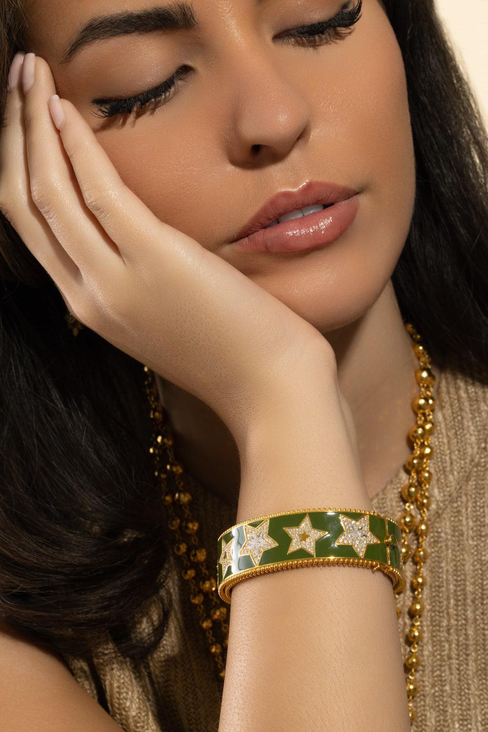 Diamond Army Green Star Bangle Bracelet-YELLOW GOLD-JEWELRYFINE JEWELBRACELET O-BUDDHA MAMA