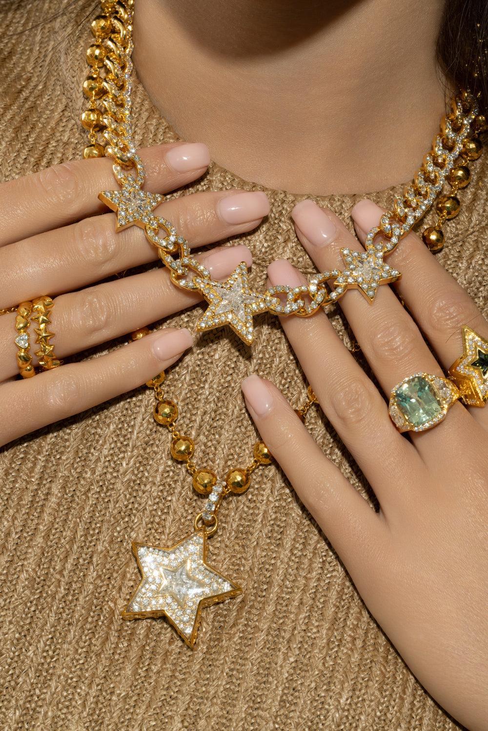 Diamond Double Side Star Link Necklace-YELLOW GOLD-JEWELRYFINE JEWELNECKLACE O-BUDDHA MAMA