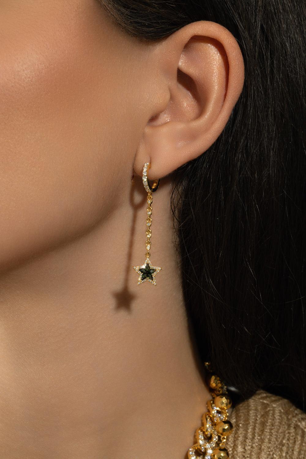 Diamond Green Tourmaline Star Drop Earrings-YELLOW GOLD-JEWELRYFINE JEWELEARRING-BUDDHA MAMA