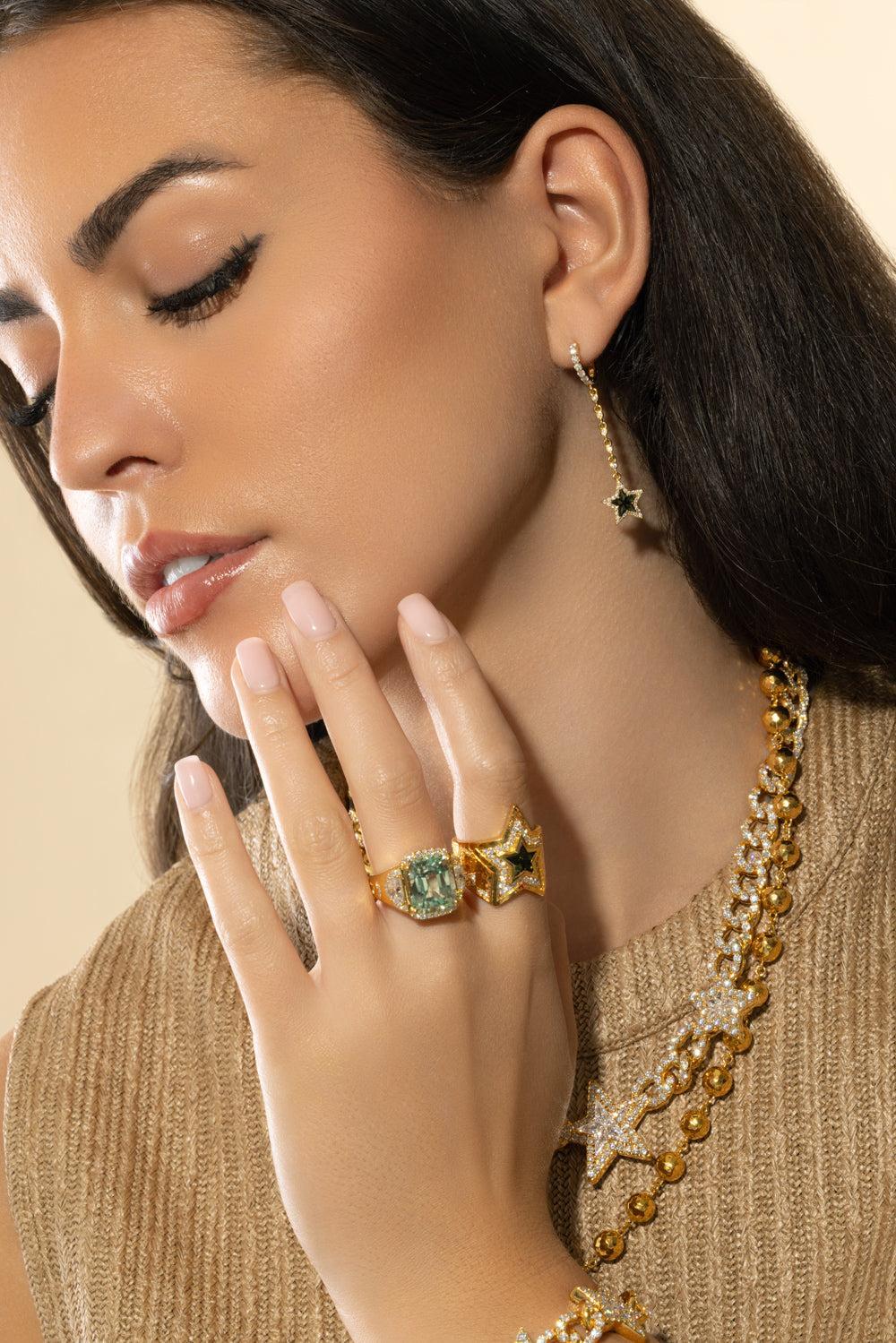 Diamond Green Tourmaline Star Drop Earrings-YELLOW GOLD-JEWELRYFINE JEWELEARRING-BUDDHA MAMA