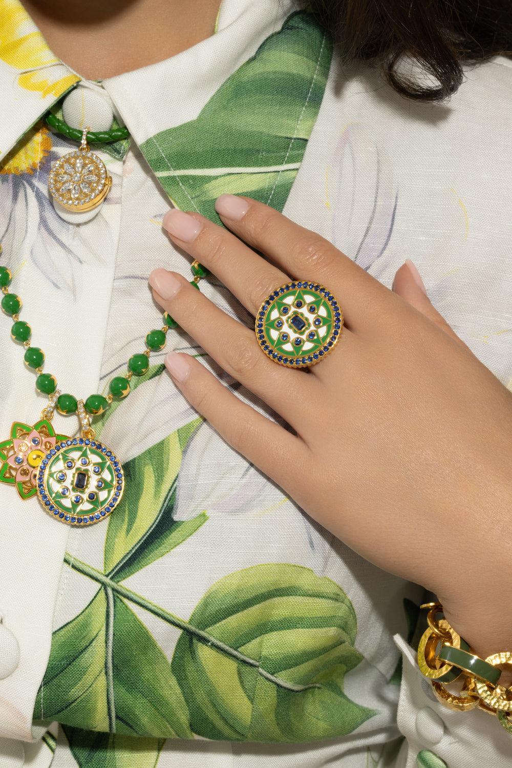 Blue Sapphire Kelly Green Mandala Coin Ring-YELLOW GOLD-7.5-JEWELRYFINE JEWELRING-BUDDHA MAMA