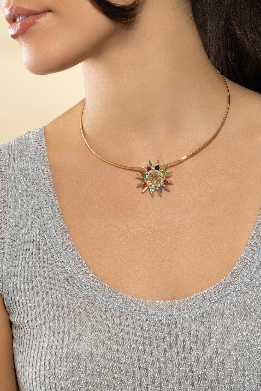 Medium Multi Sapphire Mandala Pendant-YELLOW GOLD-JEWELRYFINE JEWELPENDANT-CAROL KAUFFMANN