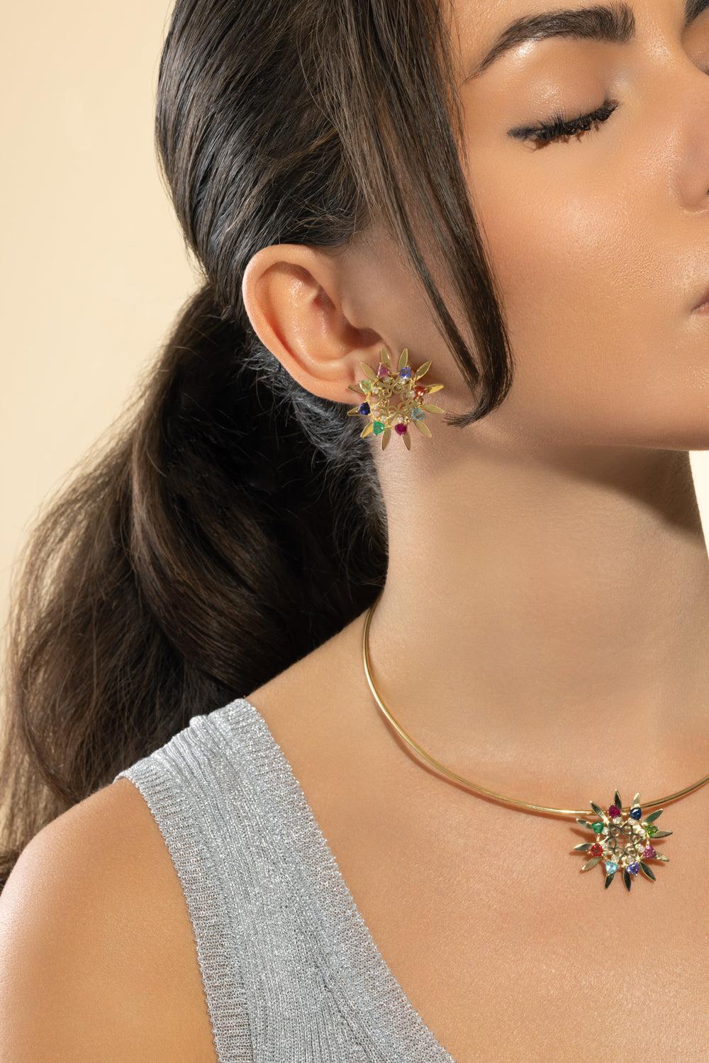 Multi Stone Medium Mandala Hoop Earrings-YELLOW GOLD-JEWELRYFINE JEWELEARRING-CAROL KAUFFMANN