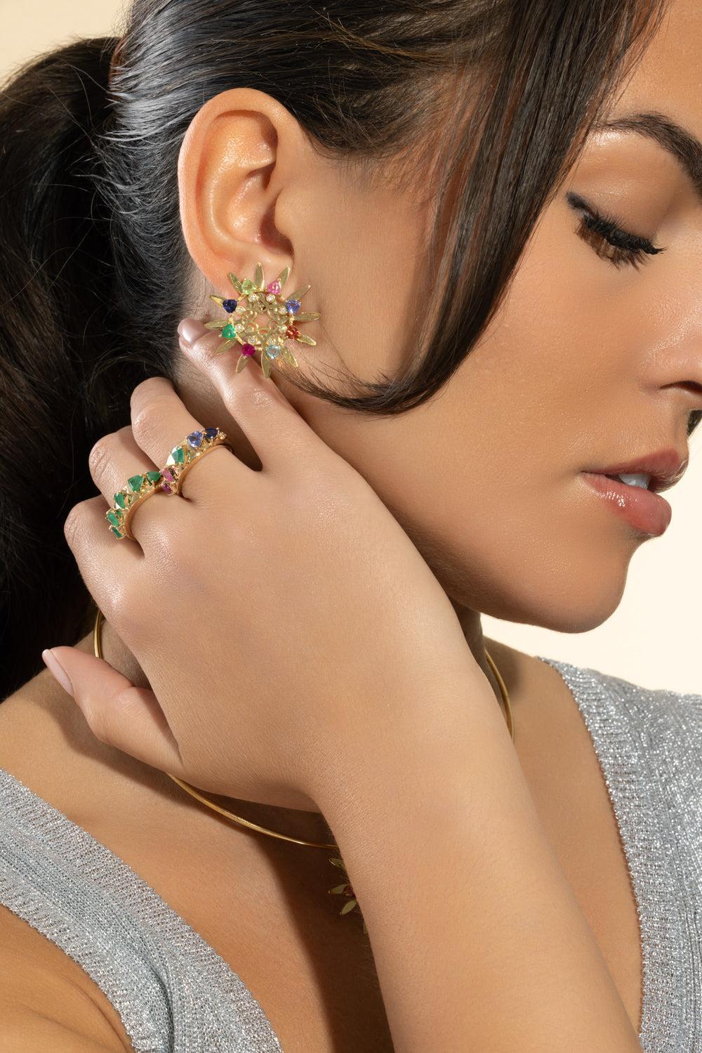 Multi Stone Medium Mandala Hoop Earrings-YELLOW GOLD-JEWELRYFINE JEWELEARRING-CAROL KAUFFMANN