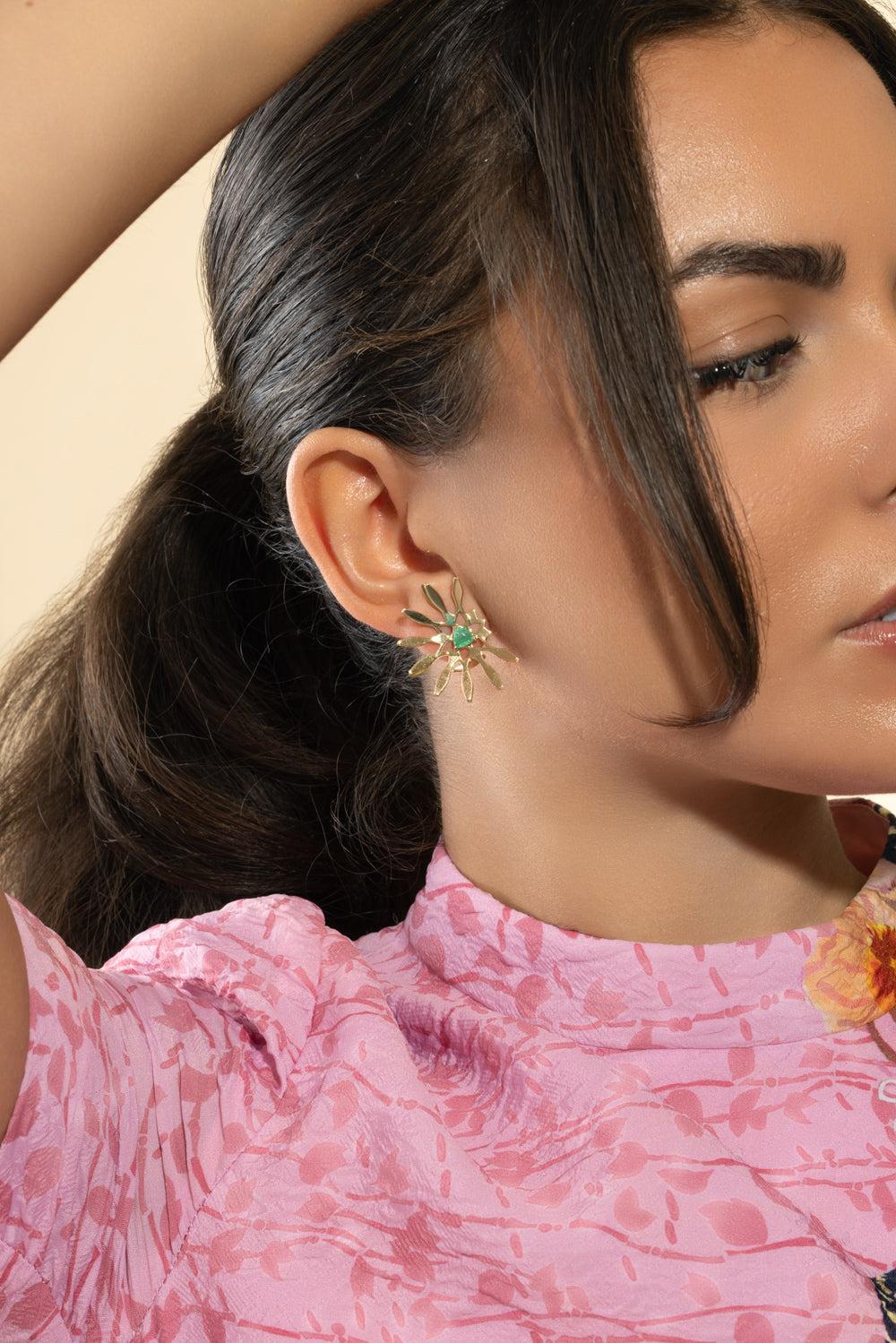 Emerald Half Moon Mandala Earrings-YELLOW GOLD-JEWELRYFINE JEWELEARRING-CAROL KAUFFMANN