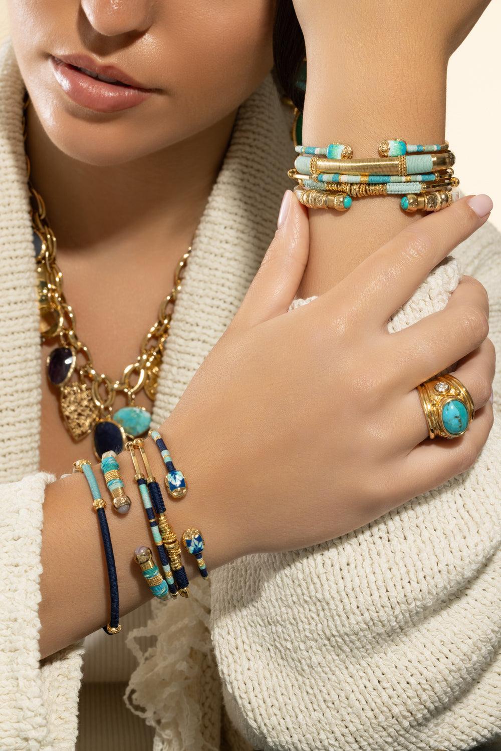 Turquoise Tip Cream Sari Bracelet-CREAM-JEWELRYBOUTIQUEBRACELET O-GAS BIJOUX
