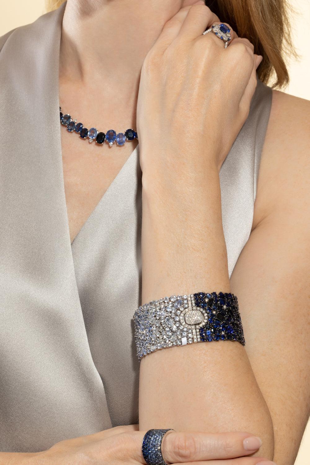 Blue Sapphire Diamond Ombre Bracelet-WHITE GOLD-8.25-JEWELRYFINE JEWELBRACELET O-RUCHI NEW YORK