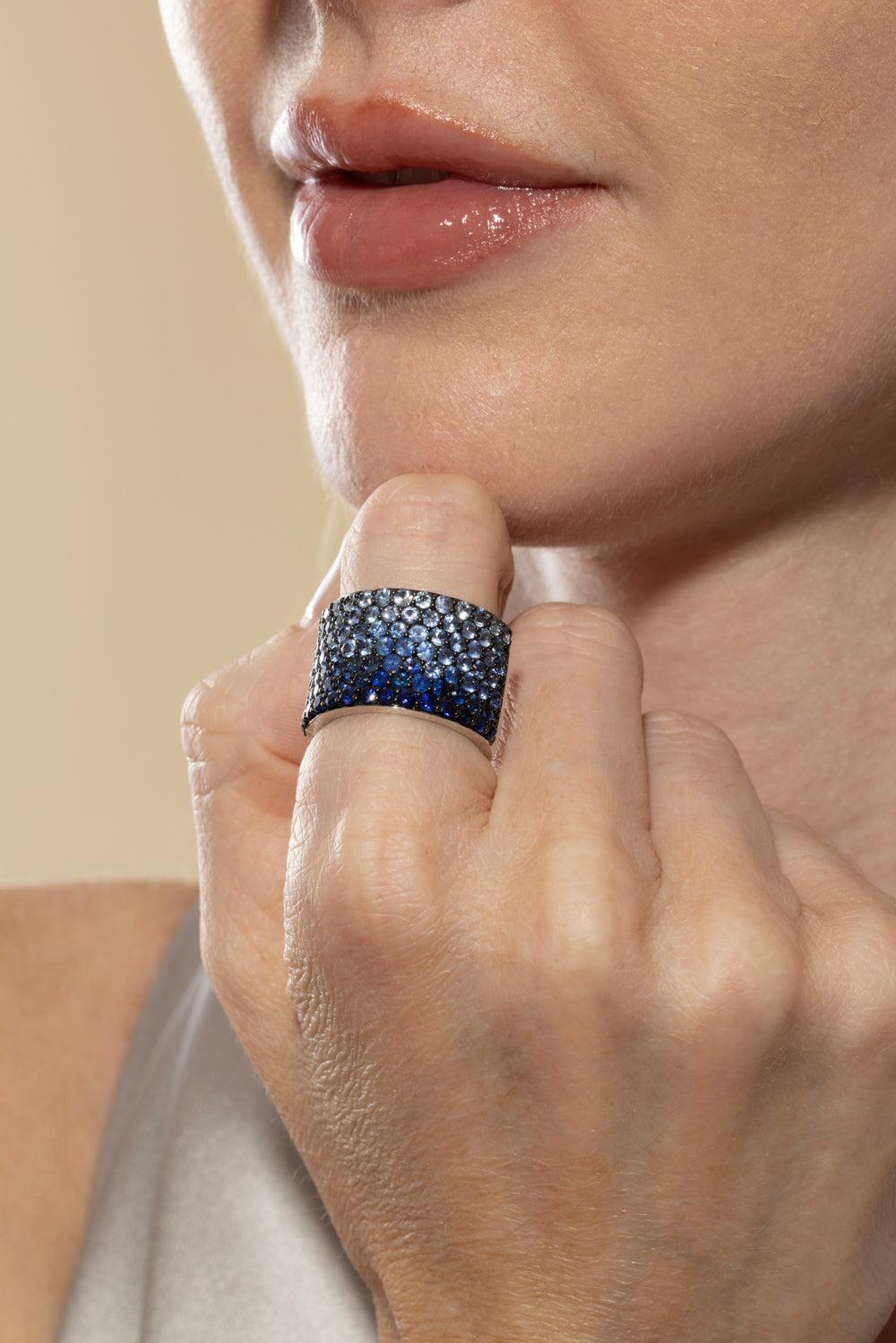 Blue Sapphire Diamond Ombre Cigar Ring-WHITE GOLD-7-JEWELRYFINE JEWELRING-RUCHI NEW YORK