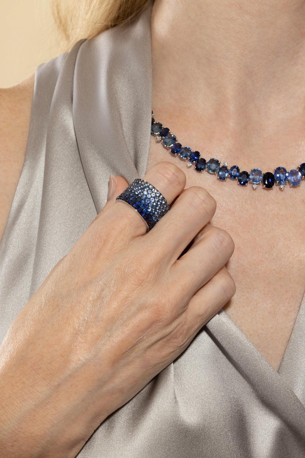 Blue Sapphire Diamond Ombre Cigar Ring-WHITE GOLD-7-JEWELRYFINE JEWELRING-RUCHI NEW YORK