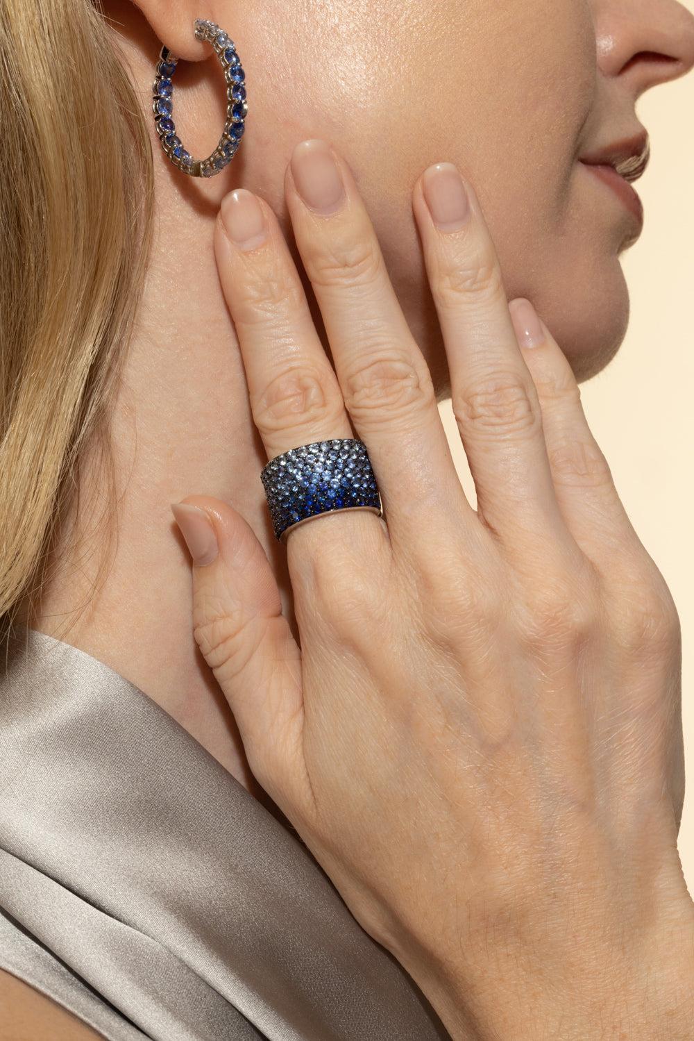 Blue Sapphire Diamond Ombre Cigar Ring-WHITE GOLD-7-JEWELRYFINE JEWELRING-RUCHI NEW YORK