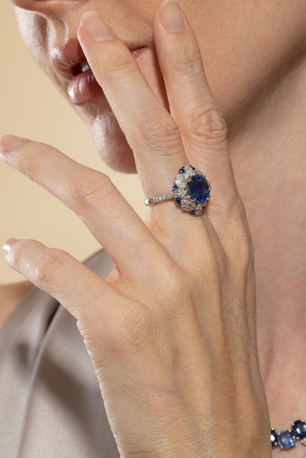 Blue Sapphire Diamond Oval Ring-WHITE GOLD-6.5-JEWELRYFINE JEWELRING-RUCHI NEW YORK