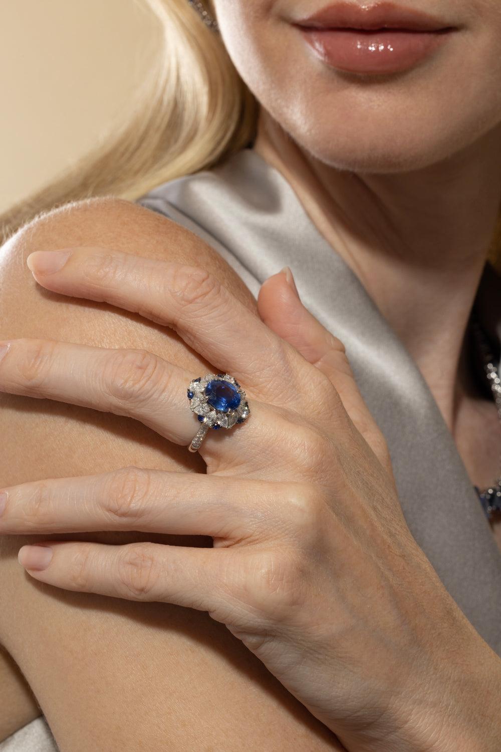 Blue Sapphire Diamond Oval Ring-WHITE GOLD-6.5-JEWELRYFINE JEWELRING-RUCHI NEW YORK