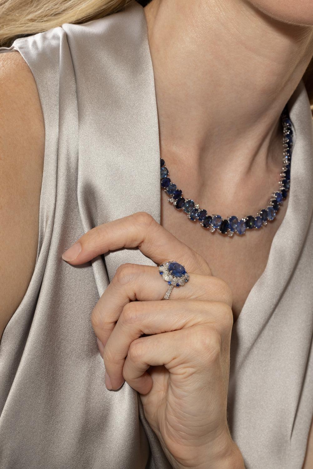 Blue Sapphire Diamond Oval Ring-WHITE GOLD-6.5-JEWELRYFINE JEWELRING-RUCHI NEW YORK