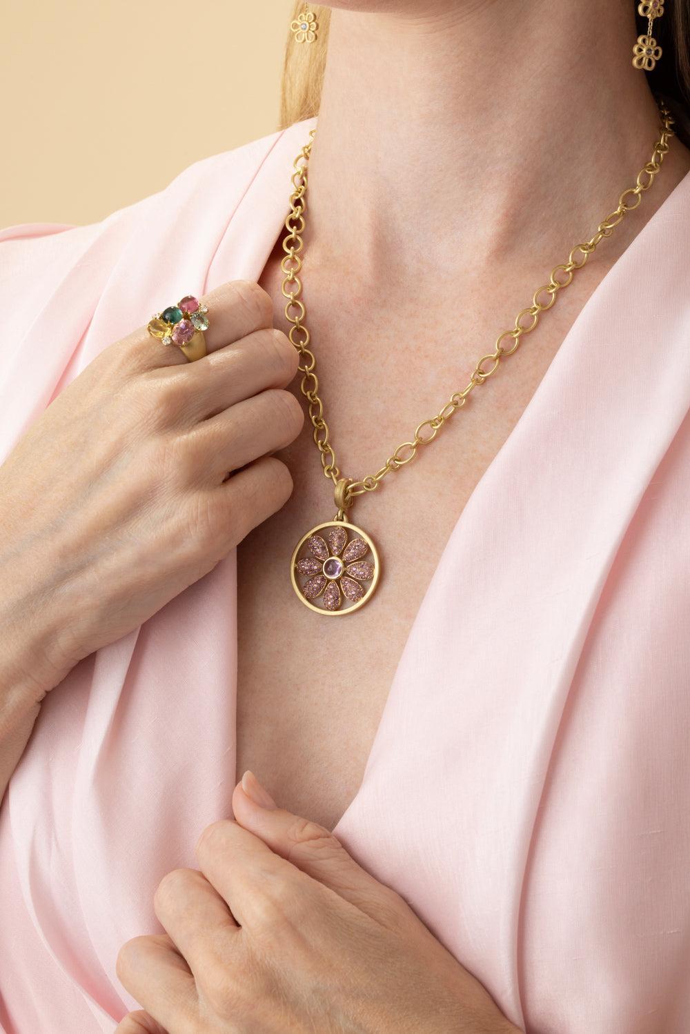 Pink Sapphire Diamond Flora Pendant-YELLOW GOLD-JEWELRYFINE JEWELPENDANT-LEIGH MAXWELL