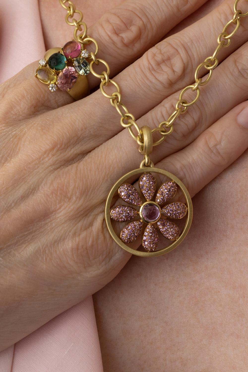 Pink Sapphire Diamond Flora Pendant-YELLOW GOLD-JEWELRYFINE JEWELPENDANT-LEIGH MAXWELL