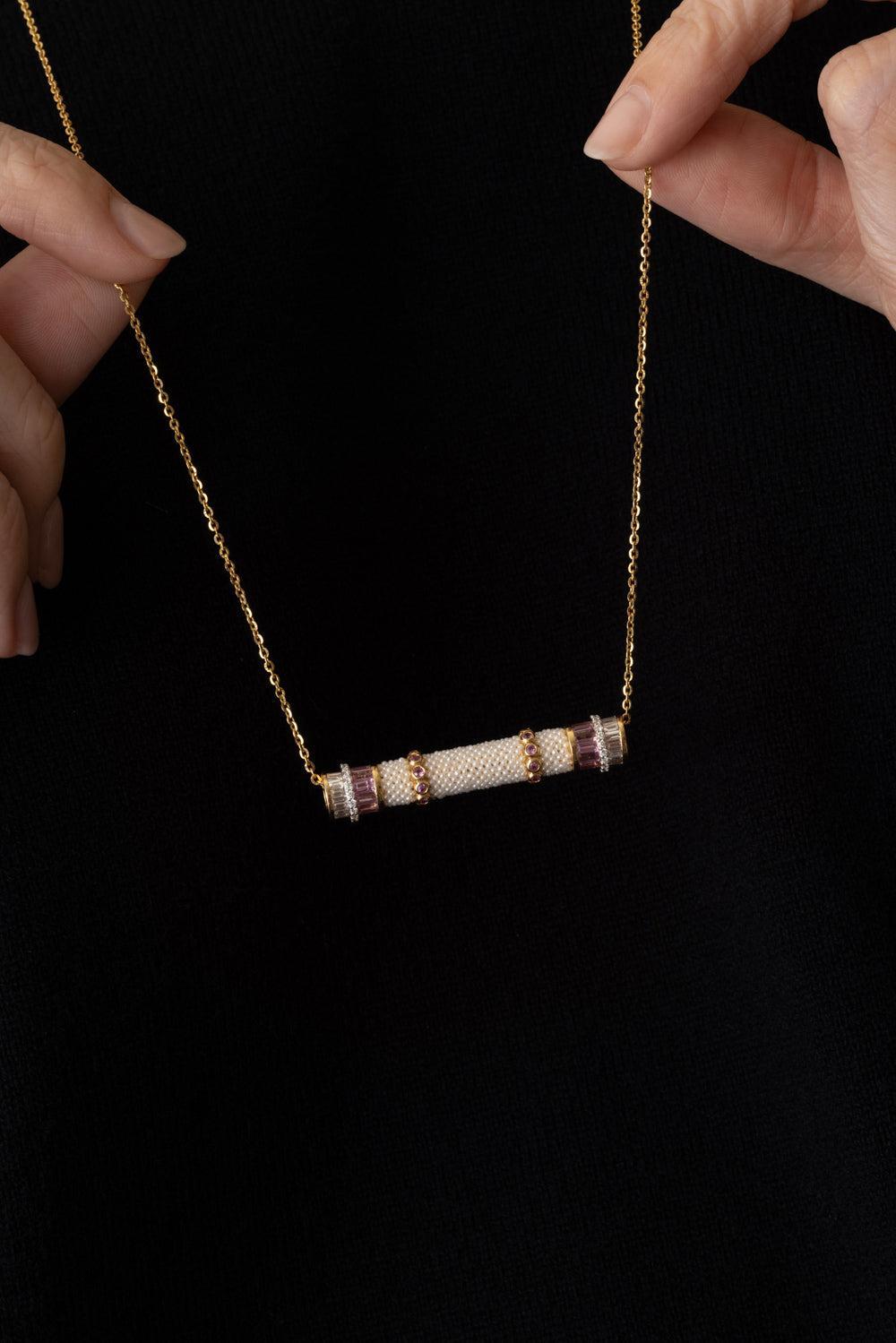 Pink Sapphire Diamond Bombay Necklace-YELLOW GOLD-JEWELRYFINE JEWELNECKLACE O-MOKSH