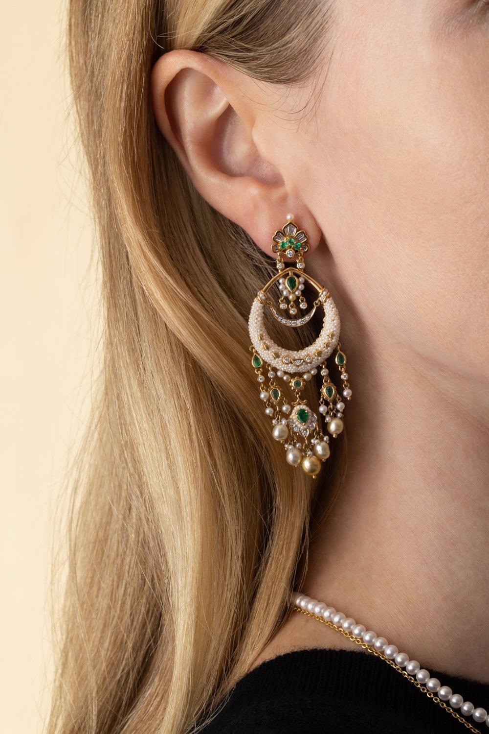 Pearl Diamond Taantvi Chandelier Earrings-YELLOW GOLD-JEWELRYFINE JEWELEARRING-MOKSH