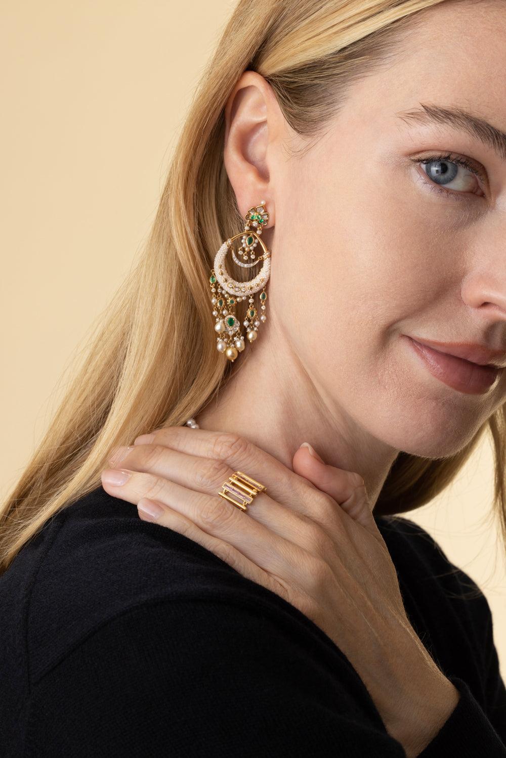Pearl Diamond Taantvi Chandelier Earrings-YELLOW GOLD-JEWELRYFINE JEWELEARRING-MOKSH