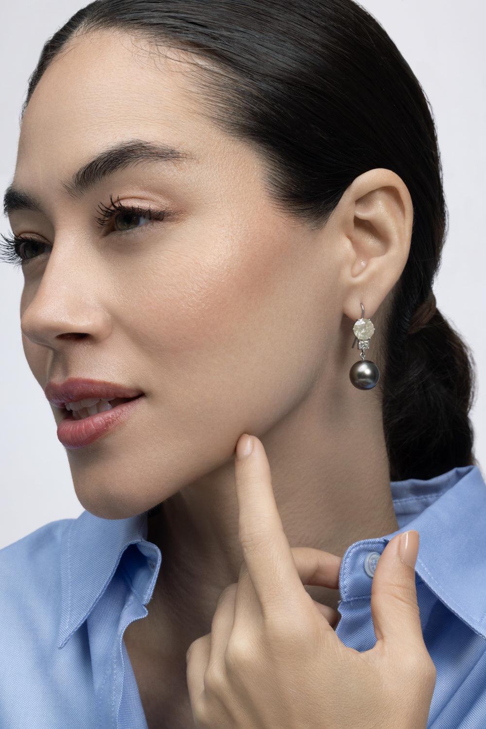 Pearl Diamond Old European Cushion Drop Earrings-WHITE GOLD-JEWELRYFINE JEWELEARRING-SYLVA & CIE