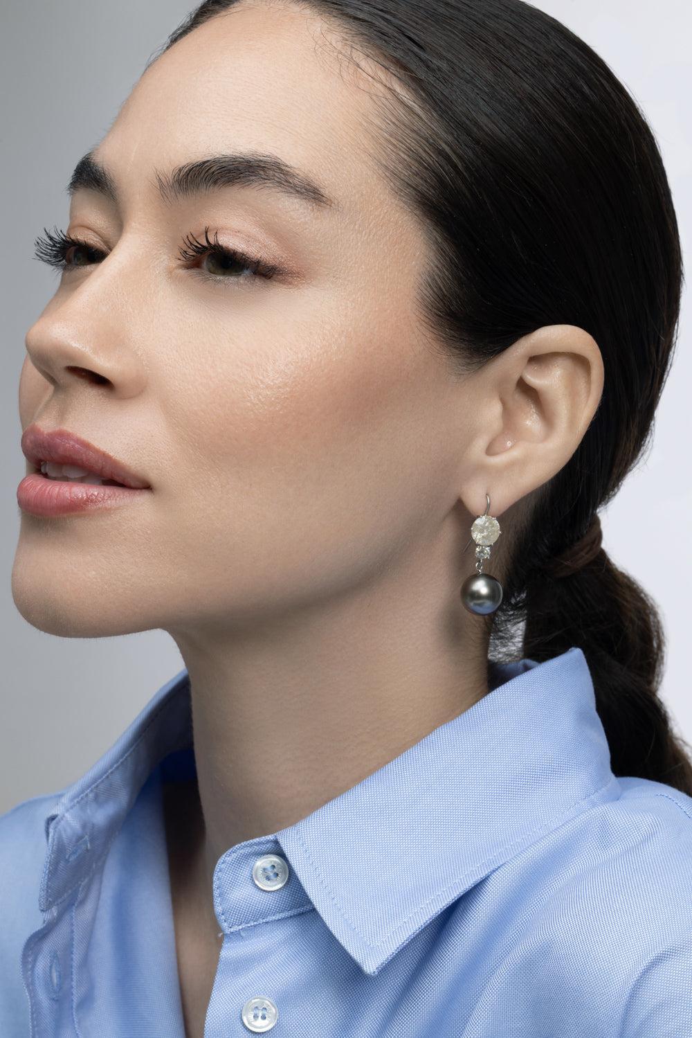  Pearl Diamond Old European Cushion Drop Earrings-WHITE GOLD-JEWELRYFINE JEWELEARRING-SYLVA & CIE 