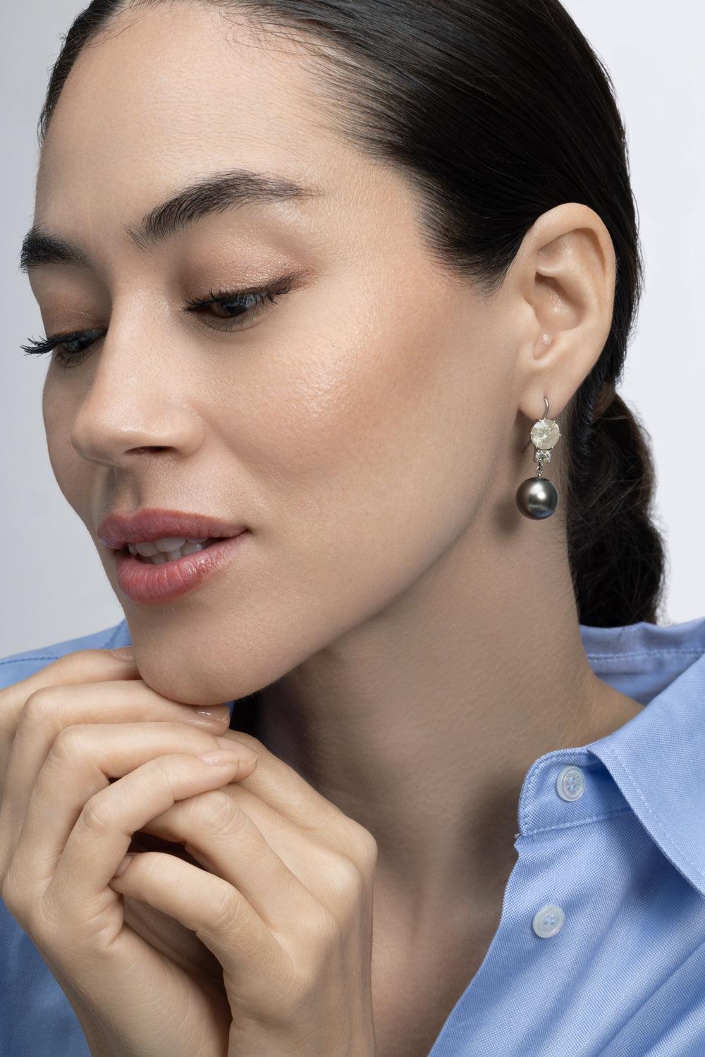 Pearl Diamond Old European Cushion Drop Earrings-WHITE GOLD-JEWELRYFINE JEWELEARRING-SYLVA & CIE