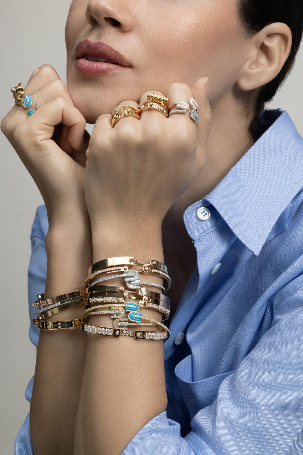  Diamond Turquoise U Duo Mini Bangle Bracelet - Yellow Gold-YELLOW GOLD-JEWELRYFINE JEWELBRACELET O-U LOS ANGELES 