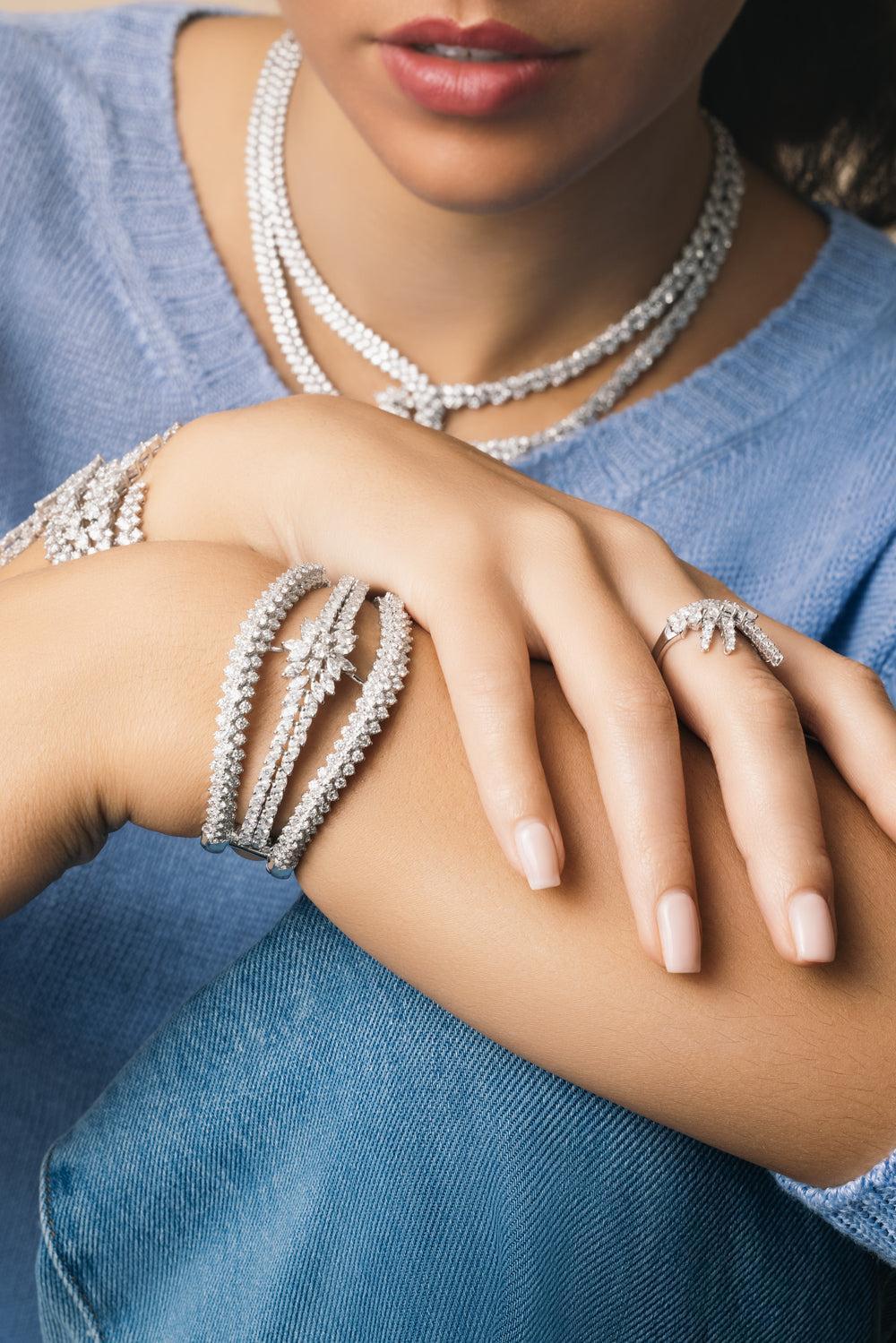 Diamond Three Row Y-Couture Cuff Bracelet-WHITE GOLD-JEWELRYFINE JEWELBRACELET O-YEPREM JEWELLERY