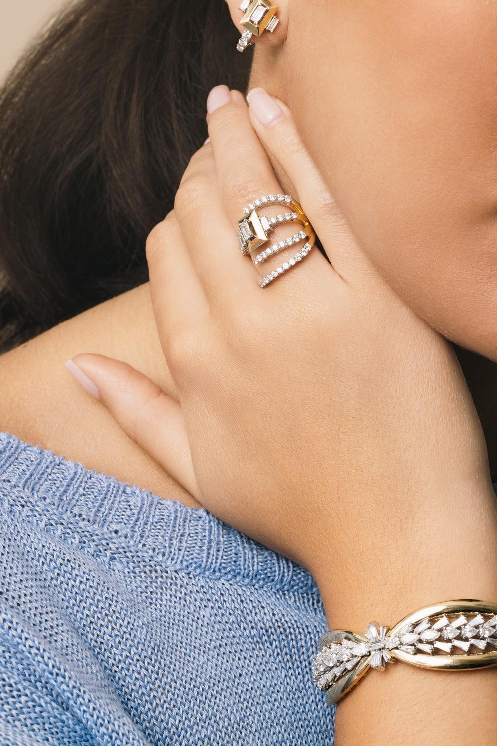 Diamond Three Open Band Golden Strada Ring-YELLOW GOLD-5.5-JEWELRYFINE JEWELRING-YEPREM JEWELLERY