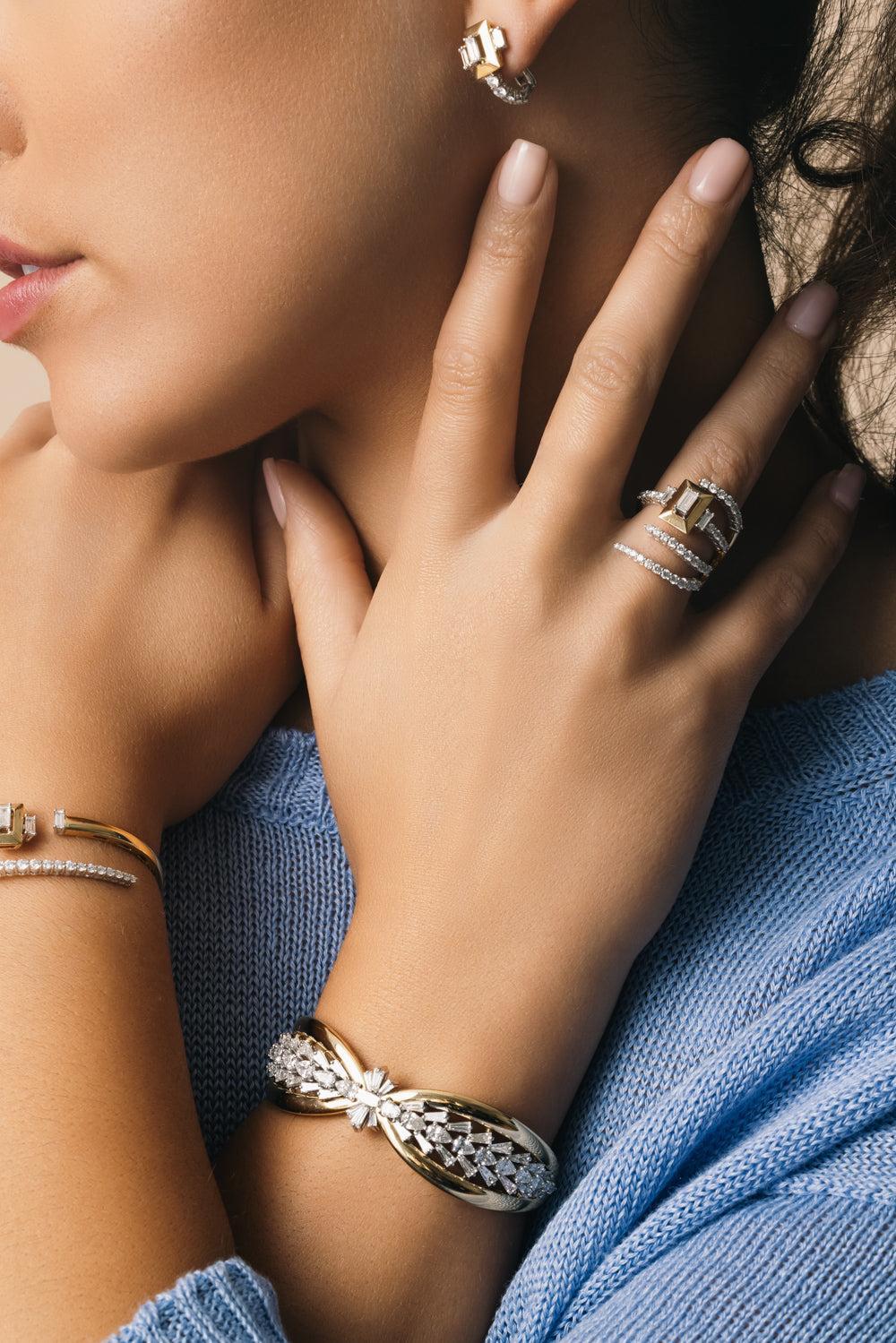Diamond Three Open Band Golden Strada Ring-YELLOW GOLD-5.5-JEWELRYFINE JEWELRING-YEPREM JEWELLERY