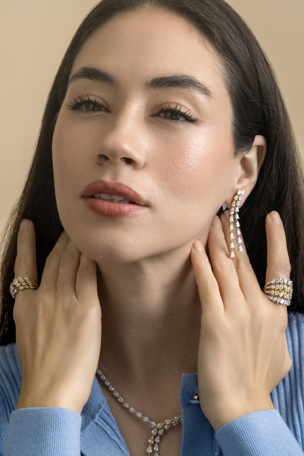 Diamond Two Row Long Teardrop Earrings-YELLOW GOLD-JEWELRYFINE JEWELEARRING-ARZANO