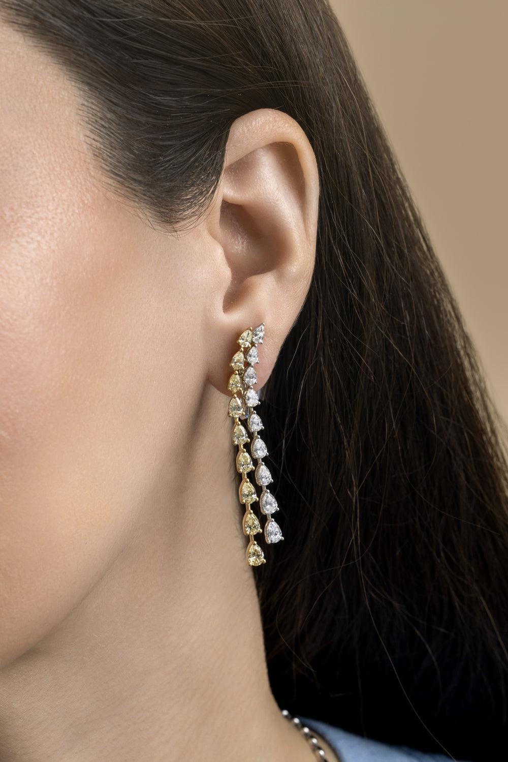 Diamond Two Row Long Teardrop Earrings-YELLOW GOLD-JEWELRYFINE JEWELEARRING-ARZANO