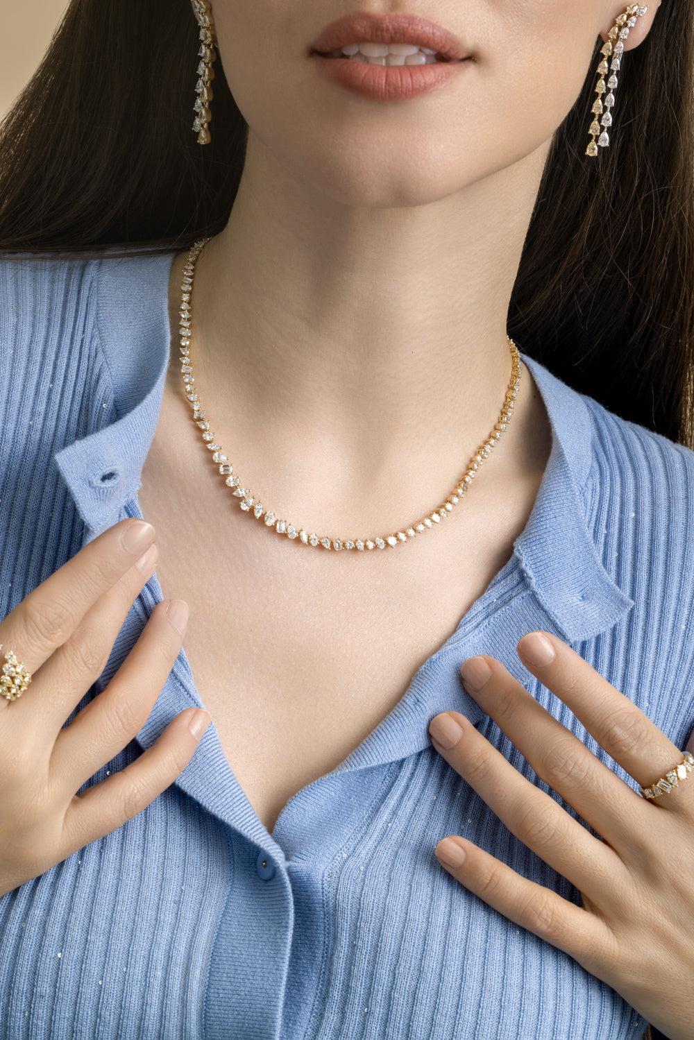 Mix Cut Diamond Tennis Necklace-YELLOW GOLD-JEWELRYFINE JEWELNECKLACE O-ARZANO