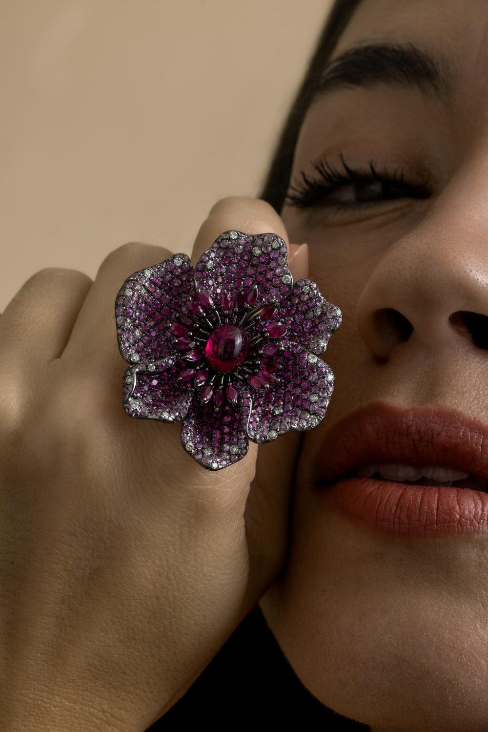 Pink Sapphire Tourmaline Ruby Flower Ring-WHITE GOLD-7.5-JEWELRYFINE JEWELEARRING-STEFERE