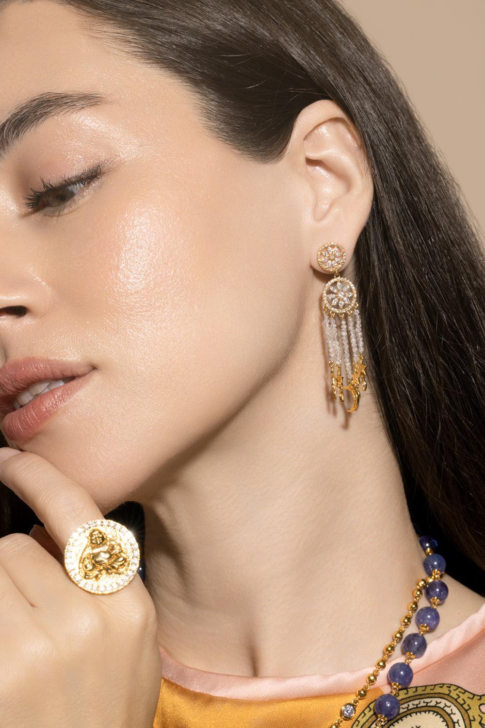 Diamond Mandala Drop Earrings-YELLOW GOLD-JEWELRYFINE JEWELEARRING-BUDDHA MAMA