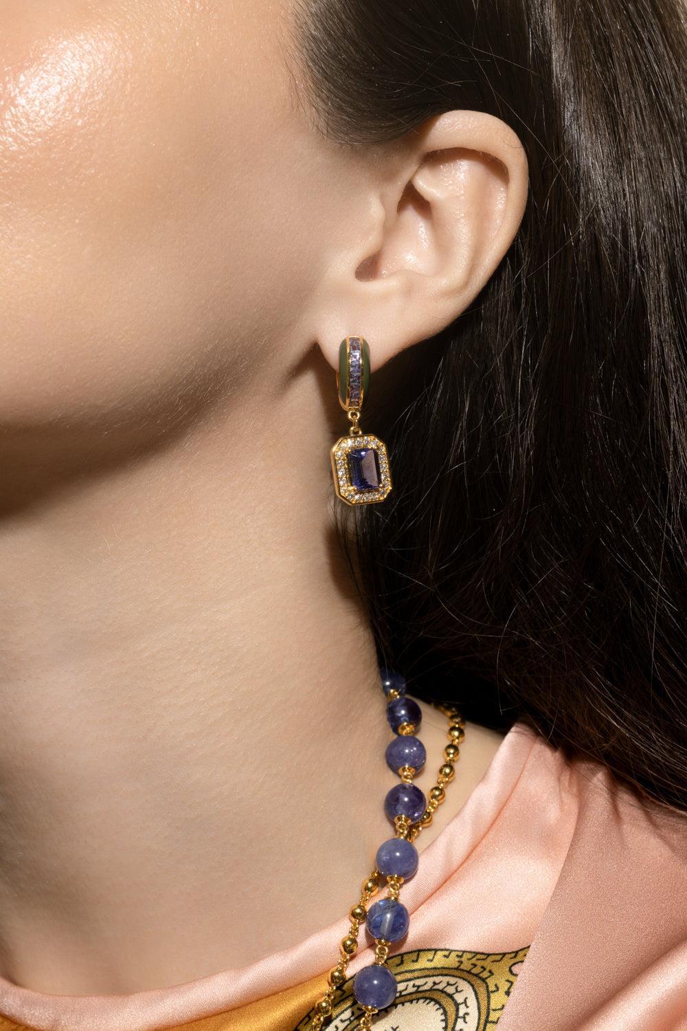 Tanzanite Square Drop Hoop Earrings-YELLOW GOLD-JEWELRYFINE JEWELEARRING-BUDDHA MAMA