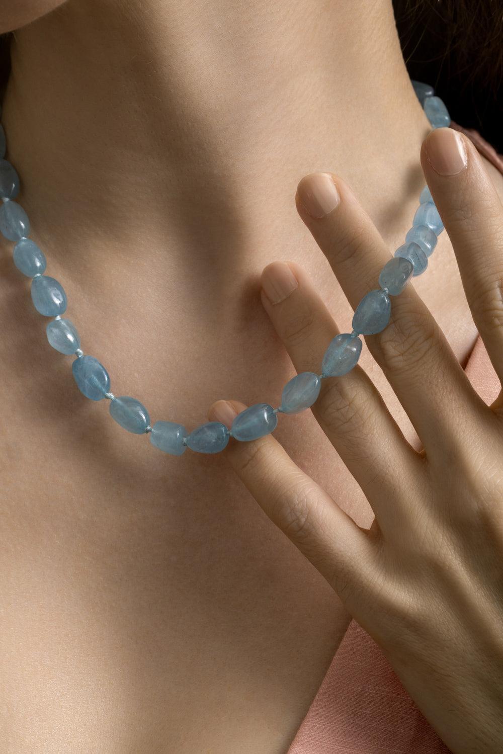 Aquamarine Pebble Beaded Necklace-YELLOW GOLD-18-JEWELRYFINE JEWELNECKLACE O-LEIGH MAXWELL